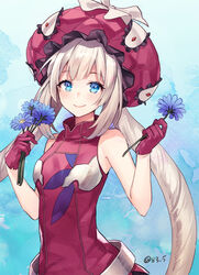  abstract_background blue_background blue_eyes commentary_request fate/grand_order fate_(series) female flower gloves hat holding holding_flower marie_antoinette_(fate) red_gloves signature smile solo twintails white_hair yamigo 