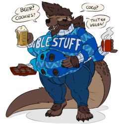  1:1 absurd_res anthro clothing conjoined felid feline fused_eyes gnoll hi_res hyena mammal merging min_(artist) multi_arm multi_eye multi_face multi_limb multi_snout mustelid otter overweight overweight_anthro solo standing sweater tail thick_tail topwear where_is_your_god_now 