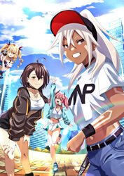  4girls :d ;d ahoge ankle_socks aqua_jacket arm_up azur_lane baltimore_(azur_lane) baltimore_(black_ace)_(azur_lane) bare_shoulders baseball_cap belt black_belt black_choker black_jacket black_shorts black_socks blonde_hair blue_eyes blue_skirt blue_sky blush bodypaint braid breasts bremerton_(azur_lane) bremerton_(scorching-hot_training)_(azur_lane) brown_hair building camera chest_tattoo choker cleavage closed_mouth cloud collarbone comiket_102 commentary_request cover cover_page crop_top crop_top_overhang crossed_bangs dark-skinned_female dark_skin day denim earrings facepaint flower_tattoo french_braid full_body green_footwear green_skirt grey_hair gridley_(azur_lane) grin hair_between_eyes hair_intakes hair_ornament hands_on_own_thighs hat high_ponytail highres holding holding_camera jacket jeans jewelry leaning_forward long_hair looking_at_viewer medium_breasts midriff minneapolis_(azur_lane) minneapolis_(extreme_games)_(azur_lane) mole mole_on_breast multicolored_hair multiple_girls murasaki_tsutsuji navel official_alternate_costume one_eye_closed open_clothes open_jacket open_mouth outdoors pants pink_eyes pink_hair ponytail red_eyes sailor_collar shadow shirt shoes short_hair short_shorts short_sleeves shorts sidelocks skirt sky skyscraper sleeveless sleeveless_shirt smile sneakers socks sports_bra sportswear standing standing_on_one_leg streaked_hair tattoo teeth tennis_uniform twintails two-tone_hair two-tone_shirt two-tone_skirt white_hair white_sailor_collar white_shirt white_skirt white_sports_bra x_hair_ornament yellow_eyes 