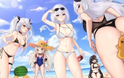  5girls absurdres akiseiyokito_214 ass azur_lane beach bikini black_bikini black_hair blue_eyes breasts choker cloud cloudy_sky day deutschland_(azur_lane) deutschland_(service_time?!)_(azur_lane) english_commentary eyebrows_hidden_by_hair eyewear_on_head flower food fruit glasses graf_zeppelin_(azur_lane) graf_zeppelin_(beachside_urd)_(azur_lane) hair_between_eyes hair_flower hair_ornament hair_ribbon hat highres large_breasts looking_at_viewer manjuu_(azur_lane) multicolored_hair multiple_girls navel ocean official_alternate_costume one-piece_swimsuit outdoors prinz_eugen_(azur_lane) prinz_eugen_(unfading_smile)_(azur_lane) red_eyes ribbon sideboob sky stomach streaked_hair sun_hat sunglasses swimsuit tirpitz_(azur_lane) tirpitz_(snow-melting_summer)_(azur_lane) twintails underboob water watermelon white_hair yellow_eyes z46_(azur_lane) z46_(her_first_summer)_(azur_lane) 