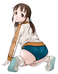  ass bad_id bad_pixiv_id brown_eyes brown_hair buruma commentary_request female from_behind full_body hair_tie jacket kneeling long_hair looking_back neyuki_rei original photoshop_(medium) revision shoes simple_background sneakers socks solo track_jacket twintails white_background white_socks 