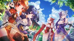  4girls ahoge azomo azur_lane bare_shoulders black_thighhighs blue_eyes blue_sky breasts chao_ho_(azur_lane) china_dress chinese_clothes cleavage_cutout clothing_cutout day detached_sleeves dress fur_trim gold_trim hair_rings loading_screen long_sleeves medium_breasts multicolored_hair multiple_girls ning_hai_(azur_lane) off_shoulder official_art open_mouth outdoors panda pelvic_curtain ping_hai_(azur_lane) purple_dress purple_eyes purple_hair red_dress red_eyes red_hair sky small_breasts smile split-color_hair thighhighs thighs two-tone_hair white_hair white_thighhighs wide_sleeves ying_swei_(azur_lane) zettai_ryouiki 