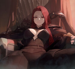  absurdres armor bodysuit breasts cleavage cleavage_cutout clothing_cutout female forehead gauntlets highres large_breasts long_hair looking_at_viewer lost_ark mac_star original reclining red_eyes red_hair serious shoulder_armor solo spread_legs upper_body 