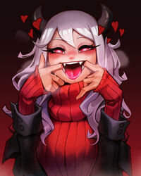  &lt;3_eyes blush clothing demon fangs female heart helltaker horn humanoid invalid_tag modeus_(helltaker) not_furry open_mouth reagan_long solo sweater teeth tongue tongue_out topwear 