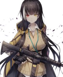  black_gloves black_hair breasts brown_vest closed_mouth colt_9mm_smg female fingerless_gloves girls&#039;_frontline gloves gun hair_ornament hairclip heterochromia highres holding holding_gun holding_weapon hood hooded_jacket id_card jacket kogarashi_kon long_hair looking_at_viewer multicolored_hair open_clothes open_jacket red_eyes ro635_(girls&#039;_frontline) shirt solo upper_body vest weapon white_background white_shirt yellow_eyes yellow_jacket 