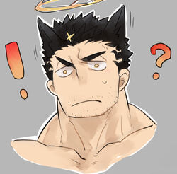  !? 1boy animal_ears bad_id bad_pixiv_id bara black_hair blush cat_ears collarbone cropped_shoulders facial_hair fake_animal_ears hair_ears halo male_focus mature_male muscular muscular_male po_fu raised_eyebrows short_hair solo stubble surprised tokyo_afterschool_summoners zabaniyya_(housamo) 