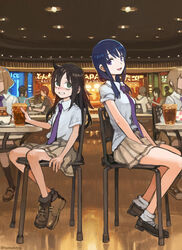  4girls :d arm_support bags_under_eyes bare_legs between_legs between_thighs black_hair blue_hair blush brown_footwear chair collared_shirt cup disposable_cup drink drinking_straw eye_contact foot_dangle from_side green_eyes grin hand_between_legs hand_up highres holding holding_cup ice ice_cube indoors kuroki_tomoko loafers long_hair looking_at_another low_twintails miniskirt multiple_girls necktie open_mouth photoshop_(medium) pleated_skirt purple_eyes purple_necktie school_uniform shirt shoelaces shoes short_sleeves sidelocks sitting skirt sleeves_rolled_up smile socks sweat table tamura_yuri tanaka_mako tareme tomohi twintails twitter_username uchi_emiri watashi_ga_motenai_no_wa_dou_kangaetemo_omaera_ga_warui! white_shirt wing_collar yellow_skirt 