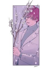  1boy blue_eyes boku_no_hero_academia border branch cherry_blossoms confetti dated floating_hair flower foreground_text grey_eyes happy_birthday highres holding holding_branch jacket male_focus multicolored_hair outside_border r-o-i red_hair short_hair simple_background split-color_hair suit_jacket sweater todoroki_shouto turtleneck turtleneck_sweater twitter_username two-tone_hair white_hair 