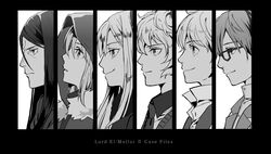  2girls 4boys caules_forvedge_yggdmillennia column_lineup commentary_request copyright_name fate/grand_order fate_(series) flat_escardos frown glasses gray_(fate) greyscale group_picture group_profile hair_between_eyes highres hood hood_up long_hair lord_el-melloi_ii lord_el-melloi_ii_case_files makimura_(miwmiw-cage) monochrome multiple_boys multiple_girls profile reines_el-melloi_archisorte sidelocks smile svin_glascheit waver_velvet 