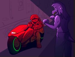  2022 4:3 akira_(film) anthro clothed clothing deltarune dinosaur duo extinct female fun-ad-3656 hi_res human humor kris_(deltarune) kris_where_are_we male mammal meme motorcycle outside parody prehistoric_species reptile scalie susie_(deltarune) undertale_(series) vehicle 