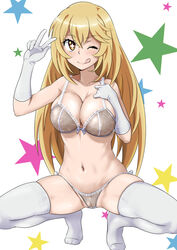  ;q blonde_hair bow bow_bra bra breasts cleavage commentary female frilled_bra frilled_panties frills gloves grey_bra grey_panties large_breasts lingerie long_hair looking_at_viewer minpei_ichigo multicolored_stars navel one_eye_closed panties shokuhou_misaki skindentation solo sparkling_eyes squatting starry_background symbol-shaped_pupils thighhighs toaru_kagaku_no_railgun toaru_majutsu_no_index tongue tongue_out underwear underwear_only w white_background white_gloves white_thighhighs yellow_eyes 