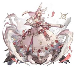  absurdres animal_ears breasts cleavage dress elphelt_valentine female gloves guilty_gear guilty_gear_xrd gun hairband highres juliet_sleeves long_sleeves pink_hair puffy_sleeves rabbit_ears short_hair spiked_hairband spikes subakeye veil weapon white_dress 