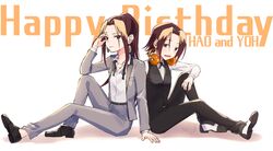  2girls :d alternate_costume asakura_hao asakura_yoh black_footwear black_pants black_vest brown_hair closed_mouth collared_shirt commentary_request copyright_name dress_shirt earrings forehead full_body genderswap_(mtf) grey_jacket grey_pants happy_birthday headphones headphones_around_neck highres jacket jewelry long_sleeves looking_at_viewer mugi_(iccomae) multicolored_hair multiple_girls open_clothes open_jacket pants parted_bangs rule_63 shaman_king shirt shoes siblings sisters smile text_background twins two-tone_hair vest white_background white_footwear white_shirt 