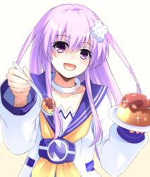  collar collarbone commentary_request d-pad d-pad_hair_ornament doria_(p_f_dolia) dress female food hair_between_eyes hair_ornament holding holding_plate holding_spoon long_hair long_sleeves looking_at_viewer neckerchief nepgear neptune_(series) open_mouth plate pudding purple_eyes purple_hair sailor_collar sailor_dress school_uniform serafuku sidelocks simple_background smile solo sparkle spoon white_background white_dress yellow_neckerchief 