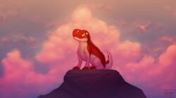  caelum_sky cloud colored detailed_background digital_drawing_(artwork) digital_media_(artwork) dinosaur extinct female feral hi_res looking_up neri_(caelum_sky) prehistoric_species realistic red_body reptile rock scalie shaded sinser sky solo sunset white_body 