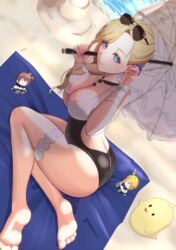  ass azur_lane beach black_one-piece_swimsuit blonde_hair blue_eyes breasts cafenami casual_one-piece_swimsuit character_doll cleavage commentary_request dutch_angle eyewear_on_head female frilled_umbrella frills from_above hair_over_shoulder highres holding holding_umbrella hood_(azur_lane) hood_(lady_of_the_shining_sun)_(azur_lane) jewelry large_breasts looking_at_viewer looking_up manjuu_(azur_lane) monokini multicolored_clothes multicolored_swimsuit necklace ocean official_alternate_costume one-piece_swimsuit outdoors renown_(azur_lane) repulse_(azur_lane) sand solo swimsuit umbrella water white_one-piece_swimsuit white_umbrella 