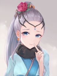  blue_eyes closed_mouth earrings eir_(fire_emblem) eir_(new_year)_(fire_emblem) female fire_emblem fire_emblem_heroes flower grey_hair hair_flower hair_ornament japanese_clothes jewelry kimono leonmandala long_hair ponytail simple_background smile solo upper_body 