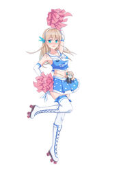  absurdres alternate_costume aqua_eyes bad_id bad_pixiv_id blonde_hair blue_skirt boots breasts cheerleader commentary_request crop_top cross-laced_footwear elbow_gloves feather_hair_ornament feathers female frilled_skirt frills full_body gloves hair_ornament hairband highres lexington_(cv-16)_(warship_girls_r) long_hair medium_breasts midriff miniskirt navel photoshop_(medium) pleated_skirt pom_pom_(cheerleading) roller_skates simple_background skates skirt solo standing standing_on_one_leg suanjianyanchendianyushui thighhighs warship_girls_r white_background white_footwear white_gloves white_hairband white_thighhighs 