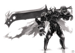  1boy absurdres armor breastplate cape chains full_armor gauntlets greaves greyscale helm helmet highres holding holding_sword holding_weapon huge_weapon male_focus mecha monochrome okuto original over_shoulder pauldrons robot shoulder_armor signature simple_background solo standing sword sword_over_shoulder torn torn_cape torn_clothes vambraces weapon weapon_over_shoulder white_background 