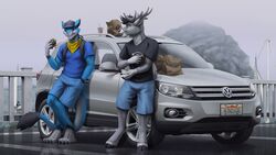  anthro antlers biped black_claws black_clothing black_hair black_hooves black_sclera black_shirt black_t-shirt black_topwear blue_body blue_bottomwear blue_clothing blue_eyes blue_fur blue_pants blue_shirt blue_t-shirt blue_topwear bottomwear burger cereus93 cheek_tuft claws clothed clothing cloven_hooves deer detailed_background digitigrade duo facial_tuft food fur grey_antlers grey_body grey_fur hair hand_in_pocket holding_burger holding_food holding_object hooves horn leaning leaning_backward male male_anthro mammal motor_vehicle neck_tuft outside pants pockets sergal shirt short_hair standing suv t-shirt tail topwear tuft unguligrade vehicle volkswagen volkswagen_tiguan white_body white_fur 