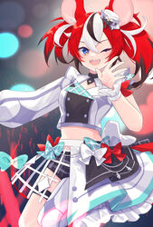  :d absurdres animal_ears asymmetrical_clothes asymmetrical_sleeves black_hair black_skirt blue_bow blue_eyes bow breasts buttons cleavage_cutout clothing_cutout crop_top double-breasted female frills hakos_baelz highres hololive hololive_english hololive_idol_uniform_(bright) idol idol_clothes kotake_8 long_hair long_sleeves midriff mouse_ears mouse_girl mouse_tail multicolored_hair navel one_eye_closed open_mouth plaid plaid_skirt pleated_skirt red_bow red_hair ribbon sharp_teeth shirt skirt sleeveless small_breasts smile stomach streaked_hair tail tail_bow tail_ornament teeth twintails upper_teeth_only virtual_youtuber waving white_bow white_hair white_skirt 