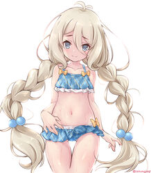  ahoge ass_visible_through_thighs bikini bikini_skirt blue_bikini blue_eyes blue_skirt braid brown_hair closed_mouth cowboy_shot eyebrows female hair_bobbles hair_ornament hand_on_own_stomach highres kokkoro_(princess_connect!) kokkoro_(real)_(princess_connect!) long_hair microskirt navel princess_connect! sakuragi_yuuki skirt smile solo split_mouth swimsuit thigh_gap thighs twin_braids twintails very_long_hair wet wet_clothes 