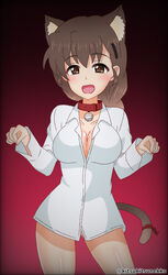  animal_collar animal_ears bad_id bad_pixiv_id blush bottomless braid breasts brown_eyes brown_hair cat_ears cat_tail claw_pose cleavage coat collar commentary cowboy_shot female girls_und_panzer gradient_background hair_ornament hairclip halloween_costume heart heart-shaped_pupils highres kemonomimi_mode long_hair long_sleeves looking_at_viewer medium_breasts naked_shirt one-hour_drawing_challenge open_mouth red_background red_coat ribbon rukuriri_(girls_und_panzer) shirt single_braid smile solo standing symbol-shaped_pupils tail tail_ornament tail_ribbon tanutika twitter_username volleyball white_shirt wing_collar 