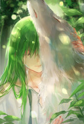  1other androgynous closed_eyes colored_eyelashes commentary_request enkidu_(fate) fate/strange_fake fate_(series) fuurin green_hair green_theme headpat long_hair photoshop_(medium) plant wolf wolf_(fate) 