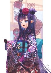  :3 :d absurdres black_gloves blue_eyes blunt_bangs braid braided_bun clenched_hand commentary double_bun english_commentary female flower gloves hair_behind_ear hair_bun hair_flower hair_ornament highres hololive hololive_english japanese_clothes kimono long_hair long_sleeves looking_at_viewer mole mole_under_eye ninomae_ina&#039;nis ninomae_ina&#039;nis_(new_year) obi oerba_yun_fang official_alternate_hairstyle open_mouth pink_flower pointy_ears print_kimono purple_hair purple_kimono sash shiina_rei sidelocks signature smile solo standing virtual_youtuber 