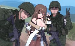  2boys assault_rifle bebetang black_gloves black_legwear blush breasts brown_eyes brown_hair cleavage collarbone daewoo_k2 day female girls&#039;_frontline gloves gun hair_ornament hairclip hand_on_own_hip helmet highres k2_(girls&#039;_frontline) large_breasts long_hair looking_at_viewer multiple_boys open_mouth outdoors pantyhose rifle smile soldier south_korean_flag thighband_pantyhose v weapon 