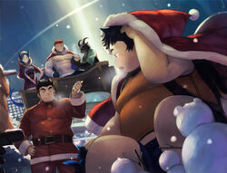  4boys bara bare_pectorals belly black_hair blush breath christmas fat female goat_boy hat highres inugami_(housamo) inukai_kenta large_pectorals lolicon male_focus melusine_(housamo) multiple_boys muscular muscular_male nion_(n_ionion) pectorals plump pointing pointing_up pollux_(housamo) protagonist_3_(housamo) santa_costume santa_hat short_hair shorts sideburns sleigh smile snowing snowman tanngrisnir_(housamo) thick_eyebrows tokyo_afterschool_summoners 