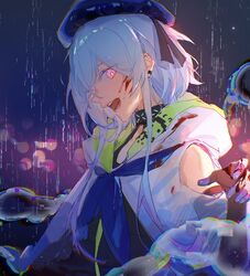  1boy androgynous arknights beret black_gloves black_ribbon black_shirt blood blood_on_face blood_on_hands blue_cloak blue_gloves blue_hair blue_hat blue_neckerchief blurry blurry_background bow bright_pupils candy_(pixiv15231759) check_commentary cloak commentary_request dark_background earrings elbow_gloves eyes_visible_through_hair from_side glitch gloves hand_up hat highres infection_monitor_(arknights) jellyfish jewelry looking_at_viewer looking_to_the_side male_focus mizuki_(arknights) neckerchief open_mouth otoko_no_ko pink_eyes purple_eyes rain red_eyes ribbon shirt short_hair_with_long_locks sidelocks sideways_glance solo tongue upper_body white_cloak white_gloves white_pupils 