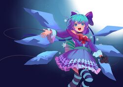  absurdres adapted_costume bare_shoulders blue_bow blue_dress blue_eyes blue_hair blue_sky blue_thighhighs bow bowtie choker cirno dress female full_moon hairbow highres ice ice_wings looking_at_viewer medium_hair moon night night_sky open_mouth outstretched_arm recare red_bow red_bowtie sky smile solo striped_clothes striped_thighhighs teeth thighhighs touhou unfinished upper_teeth_only wings 