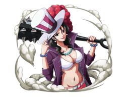  alvida_(one_piece) black_hair blue_eyes bra bracelet breasts cleavage club_(weapon) earrings female hat holding holding_weapon jacket jewelry looking_at_viewer necklace official_art one_piece one_piece_treasure_cruise open_clothes open_jacket purple_jacket solo spiked_club spikes top_hat transparent_background underwear weapon white_bra 