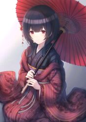  bad_id bad_pixiv_id black_hair blush commentary cotrpopor female flower hair_flower hair_ornament highres idolmaster idolmaster_shiny_colors japanese_clothes kimono kneeling looking_at_viewer medium_hair morino_rinze red_eyes seiza simple_background sitting smile solo umbrella 