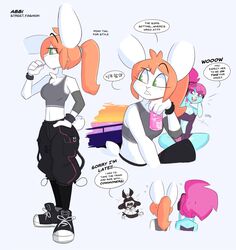  2021 abbi_(kilinah) anthro black_hair clothed clothing dialogue english_text eyebrows female freckles green_eyes group hair hair_over_eyes headphones hi_res kilinah lagomorph leporid mammal open_mouth orange_hair oreo_(kilinah) pink_eyes pink_hair rabbit raised_eyebrow simple_background speech_bubble text trio 