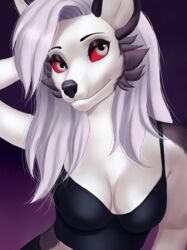  2023 absurd_res anthro black_body black_clothing black_fur black_nose black_topwear breasts canid canid_demon canine canis clothing demon demongirl_demoness digital_drawing_(artwork) digital_media_(artwork) eyebrows female fur grey_hair hair hellhound helluva_boss hi_res loona_(helluva_boss) mammal multicolored_body multicolored_fur mythological_canine mythological_creature mythology portrait red_sclera shaded solo topwear white_body white_fur wolf 