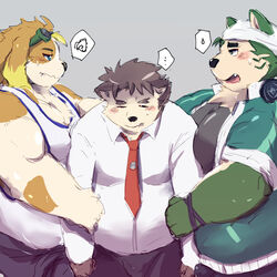  1:1 anthro bandana belly belly_squish blush brown_body brown_fur canid canine canis clothing dog_operator domestic_dog electronics ellipsis eyewear fighting_over_boy fur goggles green_body green_fur group headphones headphones_around_neck hi_res hisaki_(live_a_hero) jealous kerchief lifewonders live_a_hero male male/male mammal mokdai necktie overweight overweight_male protagonist_(live_a_hero) shirt squish tank_top topwear trio yuuya333 