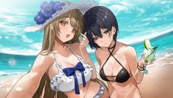  2girls absurdres bare_shoulders beach bikini black_bikini black_eyes black_hair blue_sky blush breasts brown_eyes brown_hair chungu cleavage collarbone commentary_request cup day drinking_glass hat highres large_breasts long_hair looking_at_viewer md5_mismatch multiple_girls ocean open_mouth original outdoors shore short_hair sky sun_hat swimsuit white_bikini white_headwear 