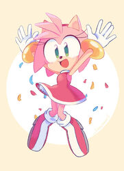  2020 amy_rose anthro biped boots bracelet clothing confetti digital_media_(artwork) dress eulipotyphlan female footwear fur gloves green_eyes handwear happy hedgehog jewelry jumping mammal open_mouth open_smile pink_body pink_fur red_clothing red_dress sega simple_background smallpanda smile solo sonic_the_hedgehog_(series) yellow_background 