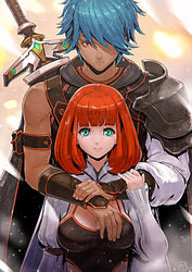  1boy armor bare_shoulders black_capelet blue_hair blunt_bangs breasts capelet cleavage closed_mouth couple dark-skinned_male dark_skin dated female fingernails green_eyes hair_over_one_eye highres hood hood_down hug hug_from_behind light_particles light_rays looking_at_viewer okuto orange_hair original pauldrons puffy_sleeves red_eyes scabbard sheath sheathed short_hair shoulder_armor signature single_pauldron smile straight sword upper_body vambraces weapon weapon_on_back 