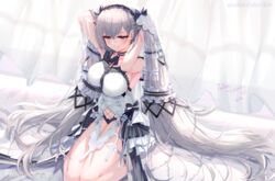  absurdres arms_behind_head artist_name azur_lane black_choker black_sailor_collar blush breasts choker commentary dated dress fallen-leaves female formidable_(azur_lane) formidable_(timeless_classics)_(azur_lane) grey_hair hair_between_eyes highres large_breasts long_hair looking_away midriff official_alternate_costume on_bed red_eyes sailor_collar sitting smile solo twintails veil very_long_hair white_dress 