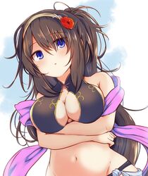  :o arms_under_breasts bare_shoulders bikini black_bikini blue_eyes blush breast_hold breasts center_opening commentary_request crossed_arms dot_nose female flower from_below groin hair_between_eyes hair_flower hair_ornament hairband highres koko_(hm142533) long_hair looking_at_viewer lowleg lowleg_bikini medium_breasts messy_hair navel outdoors ponytail purple_shawl rinne_(sennen_sensou_aigis) sennen_sensou_aigis shawl sky solo swimsuit upper_body very_long_hair 