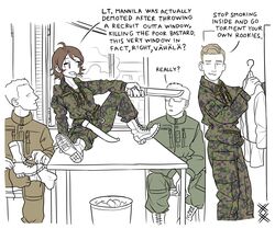  3boys absurdres ahoge anni_junttila boots brown_hair building camouflage cigarette clothes_hanger female finnish_army highres indoors knife long_sleeves military military_uniform multiple_boys ostwindprojekt partially_colored seno_lepo short_hair sitting standing table uniform vahala_(ostwindprojekt) window wing_collar zipper zipper_pull_tab 