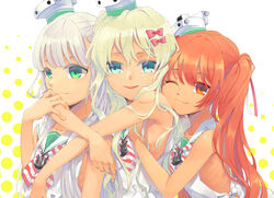  3girls anchor_necklace bare_shoulders blonde_hair blue_eyes blush bow brown_eyes brown_hair dark-skinned_female dark_skin dress grecale_(kancolle) green_eyes grey_hair hair_between_eyes hair_ornament hair_ribbon hairbow hat highres hisame_(gocbu) jewelry kantai_collection libeccio_(kancolle) long_hair looking_at_viewer maestrale_(kancolle) multiple_girls necklace one_eye_closed open_mouth ribbon sailor_collar sailor_dress sleeveless sleeveless_dress smile twintails wavy_hair white_dress white_ribbon white_sailor_collar 