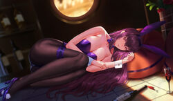  alcohol bangs bare_shoulders bottle breasts cleavage cup drinking_glass fate/grand_order fate_(series) female fishnet_legwear fishnets large_breasts leotard long_hair looking_at_viewer lying on_side piercing_bunny playboy_bunny purple_hair purple_leotard red_eyes sansan_(dongfangzhong111) scathach_(fate)_(all) scathach_(fate/grand_order) strapless strapless_leotard thighs wine wine_bottle wine_glass 