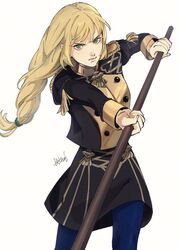  blonde_hair braid braided_ponytail commentary_request dress epaulettes female fire_emblem fire_emblem:_three_houses garreg_mach_monastery_uniform green_eyes highres ingrid_brandl_galatea long_hair pantyhose polearm roru_(lol_dessin) signature single_braid solo spear weapon 