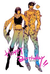  2boys battle_tendency birthday bob_cut boots bruno_bucciarati bruno_bucciarati_(cosplay) candy cleavage_cutout clothing_cutout cosplay costume_switch crop_top denim fingerless_gloves food gloves gradient hair_ornament hairclip hatoyama_itsuru jeans jojo_no_kimyou_na_bouken joseph_joestar joseph_joestar_(young) joseph_joestar_(young)_(cosplay) lollipop male_focus midriff multiple_boys pants scarf striped_clothes striped_scarf sunglasses vento_aureo zipper zipper_pull_tab 