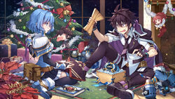  1boy achan_(blue_semi) ahoge bag black_hair blue_eyes blue_hair box christmas christmas_tree female fingerless_gloves gift gift_box gloves grand_chase long_sleeves mari_(grand_chase) purple_eyes short_hair short_sleeves sieghart_(grand_chase) skirt 