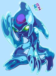  2021 3_fingers blue_body chaos_(sonic) fingers goo_creature green_eyes male sanikink sega signature simple_background solo sonic_adventure sonic_the_hedgehog_(series) 